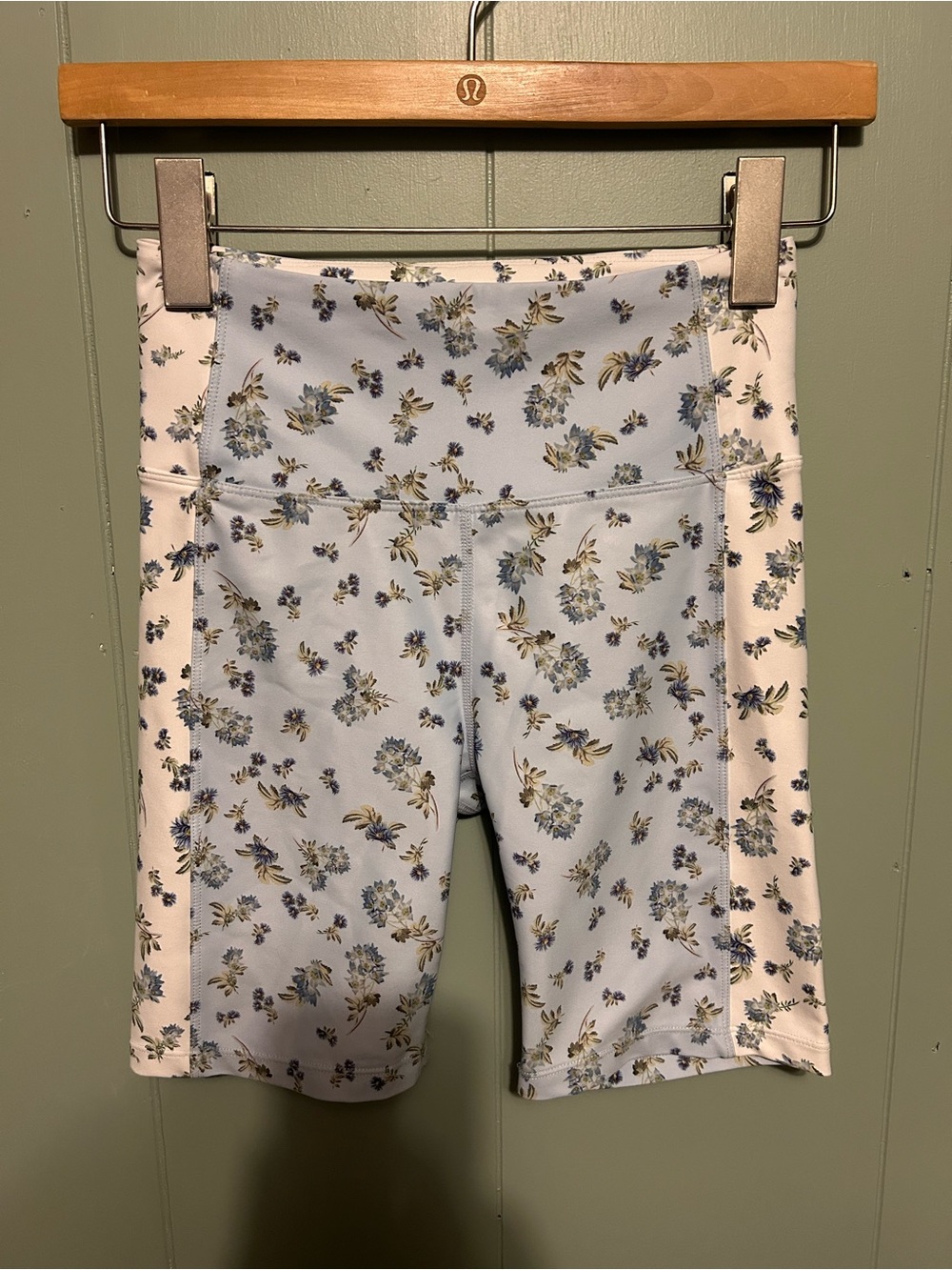 Sage Light Blue Floral Bike Shorts with White Side Panels